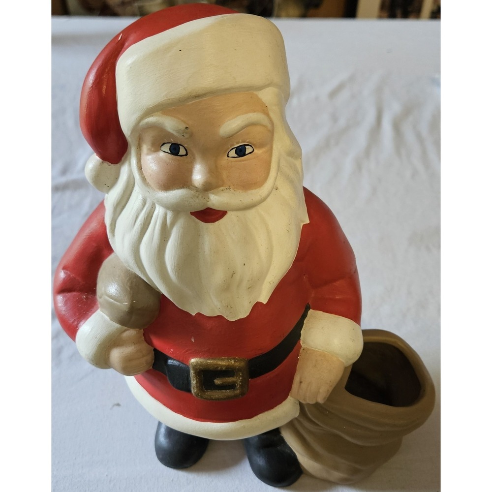 Vintage Chalkware Santa Claus Planter Sack Christmas Holiday Decor Hand Painted